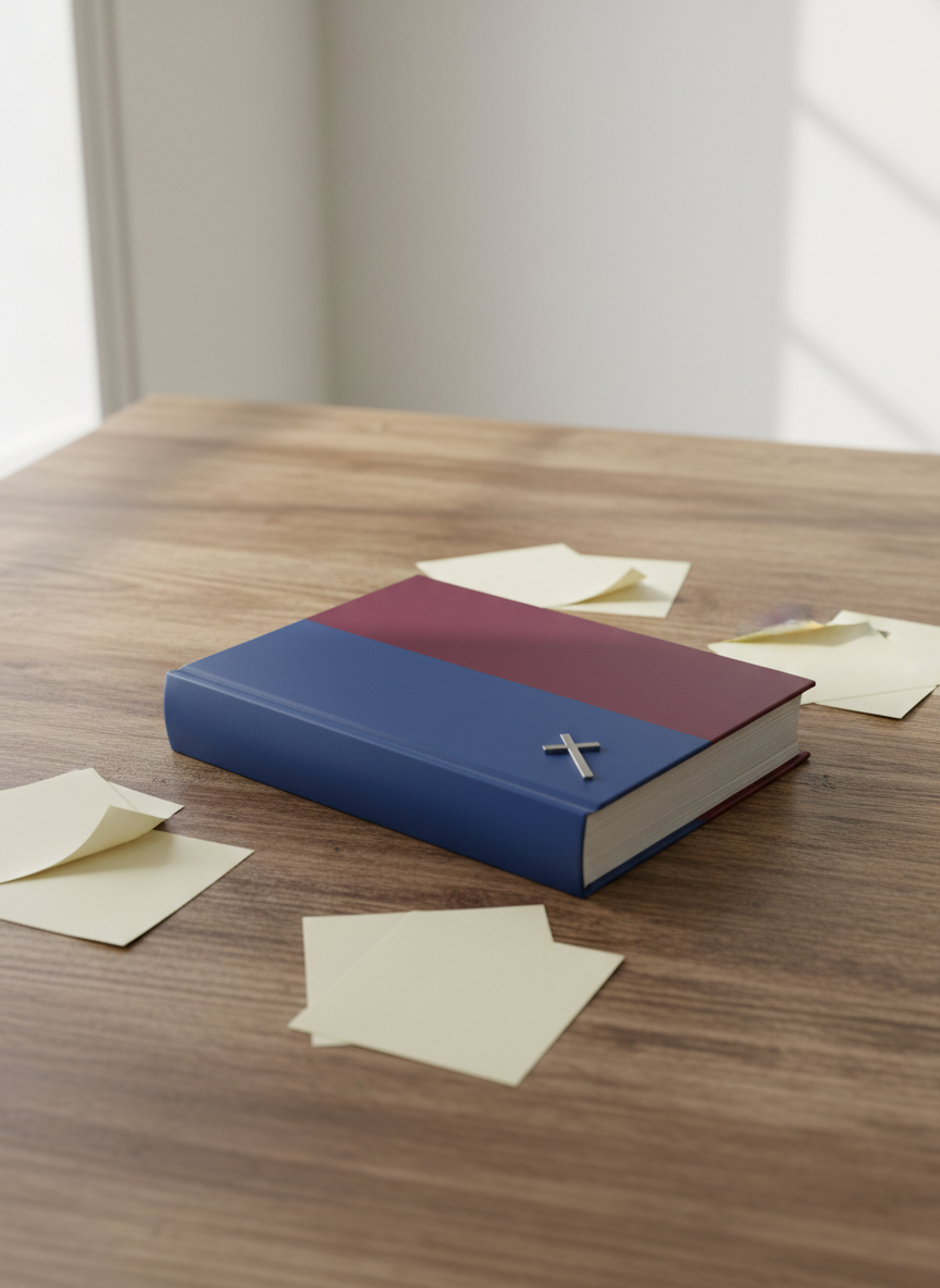 A concept photograph representing the book “Sects & Politics”: a sturdy wooden table holds a single, prominent hardcover book with a blank, matte dust jacket divided into two dominant color fields, one rich royal blue and one deep burgundy, symbolizing differing political sides. Around it lie scattered, unmarked paper notes and a small, simple metal cross resting near the spine. Soft, diffused daylight from an unseen window illuminates the scene, creating a neutral, reflective atmosphere. Shot from a slightly elevated angle with a clean, minimalist background, the composition feels modern, professional, and balanced, suggesting serious but hopeful Christian engagement with political divisions.