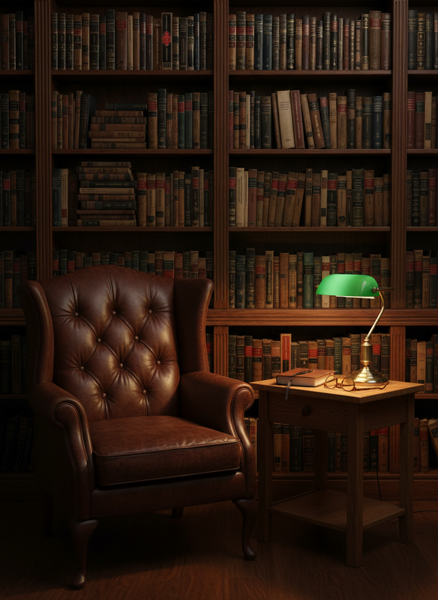 A symbolic “author portrait” created without people: a high-backed leather chair turned slightly toward a large wooden bookshelf filled with well-worn theology, history, and political science volumes. On a nearby side table rests a closed journal, an ink pen, and a pair of reading glasses folded neatly, suggesting the thoughtful presence of writer Joel W. Townsend. Warm lamplight from a brass desk lamp casts a soft, golden glow, highlighting the textures of leather, paper, and wood, with gentle shadows deepening between the books. Photographic realism at eye level, with a balanced, professional composition, evokes a quiet study where Christian ideas and political analysis are crafted for readers.