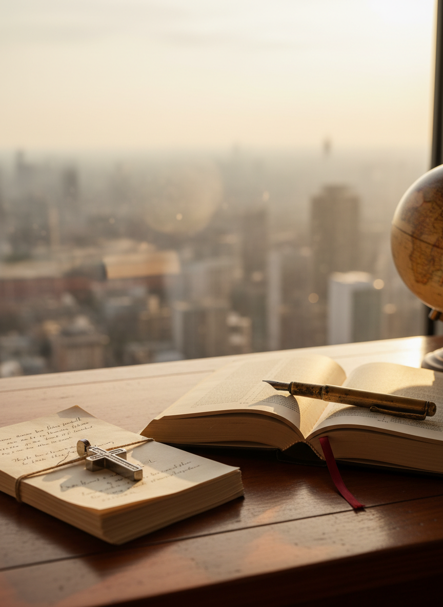 A thoughtfully arranged wooden writing desk symbolizes the author of faith and politics essays, with an open hardcover book marked by a slim ribbon, a vintage-style metal pen resting across its pages, and a neatly stacked manuscript nearby. The desk sits in front of a large window overlooking a distant city skyline softened by atmospheric haze. Late afternoon natural light pours in, creating warm highlights on the wood grain and gentle shadows along the page edges. A small cross-shaped metal paperweight and a simple globe in the background subtly suggest Christian and political themes. Photographic realism, eye-level composition, shallow depth of field keeps the desktop in sharp focus while the city and globe blur into a calm, contemplative backdrop.